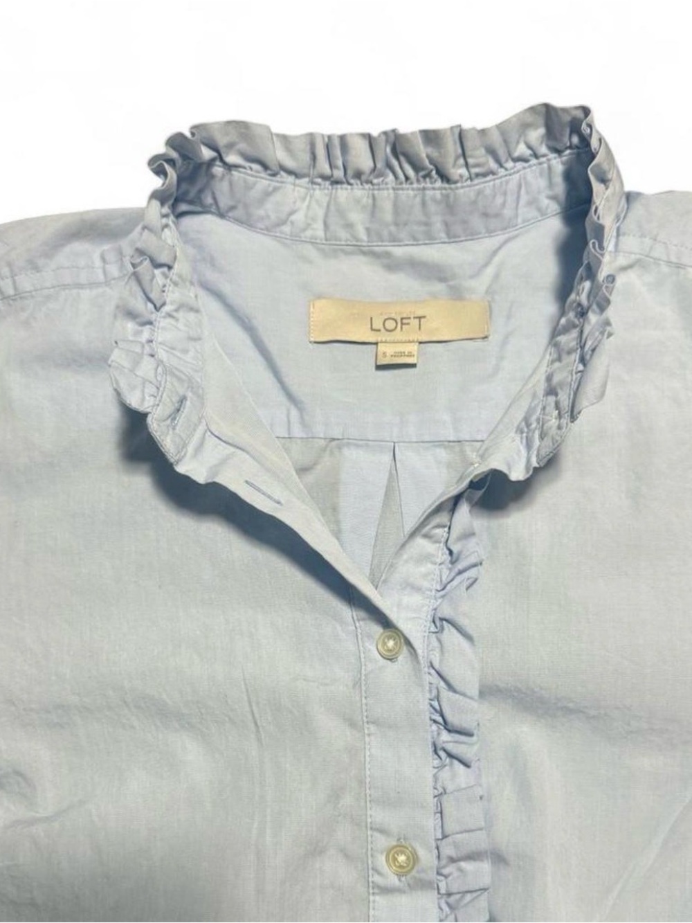 LOFT Light Blue Ruffle Collar Button-Down Blouse - Picture 2 of 2